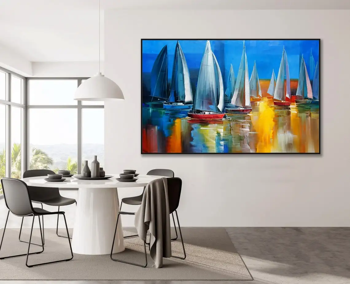 Abstract Sailboat Seascape Hand Painted Oil Painting Modern Wall Decor Large Handmade Paintings Artwork Living Room Bedroom Art