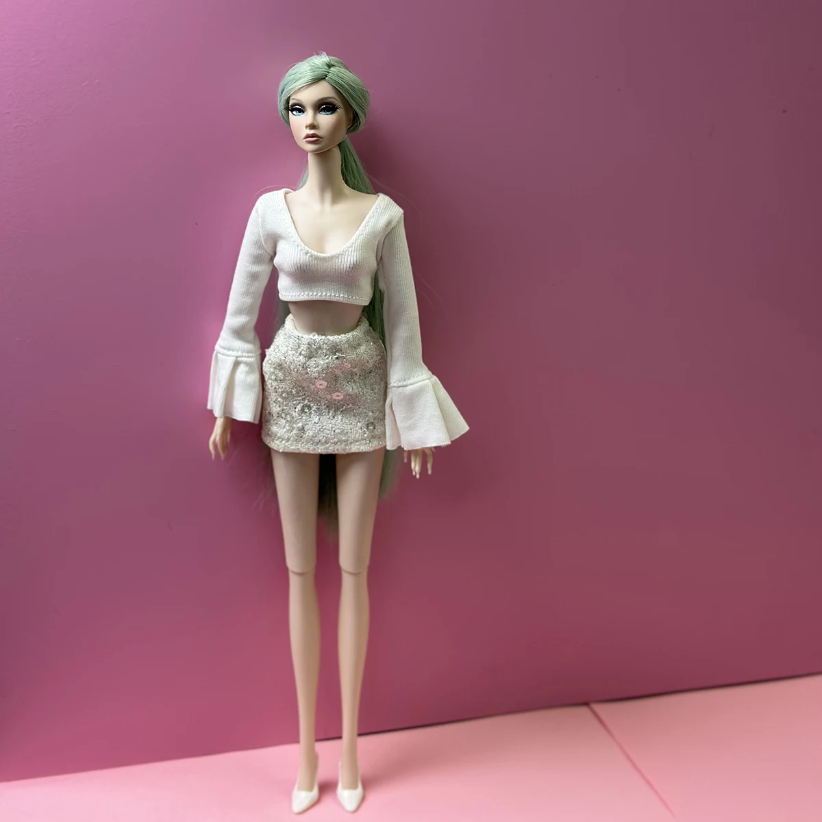 1/6 Doll Clothe Fashion White Bell-sleeve Top+Sequin Short Skirt/Black Knitted Jacket+Skirt Set For 30cm FR Babi Supermodel Doll