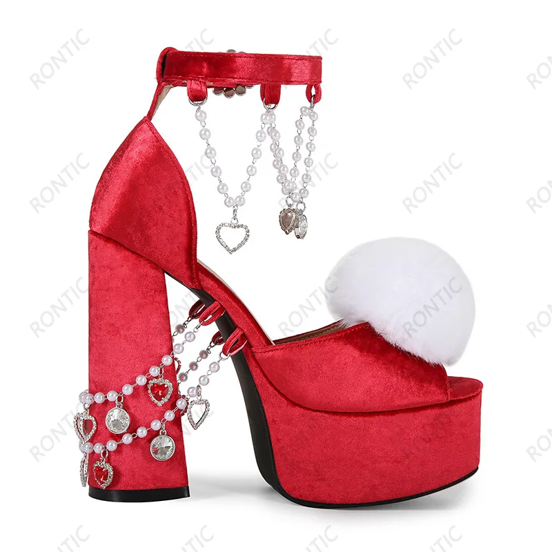 Rontic Women Velvet Platform Block Heel Sandals Peep Toe Pearl Heart Chain Ankle Strap Ladies Party Lolita Shoes Size 5-20 view 4