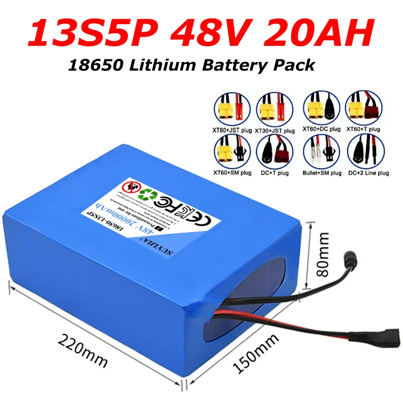 48V 20000mAh 13S5P Lithium Battery Pack 20AH 18650 Large Capacity Suitable for 48V 250-1500W Built-in 30A BMS E-bike Battery