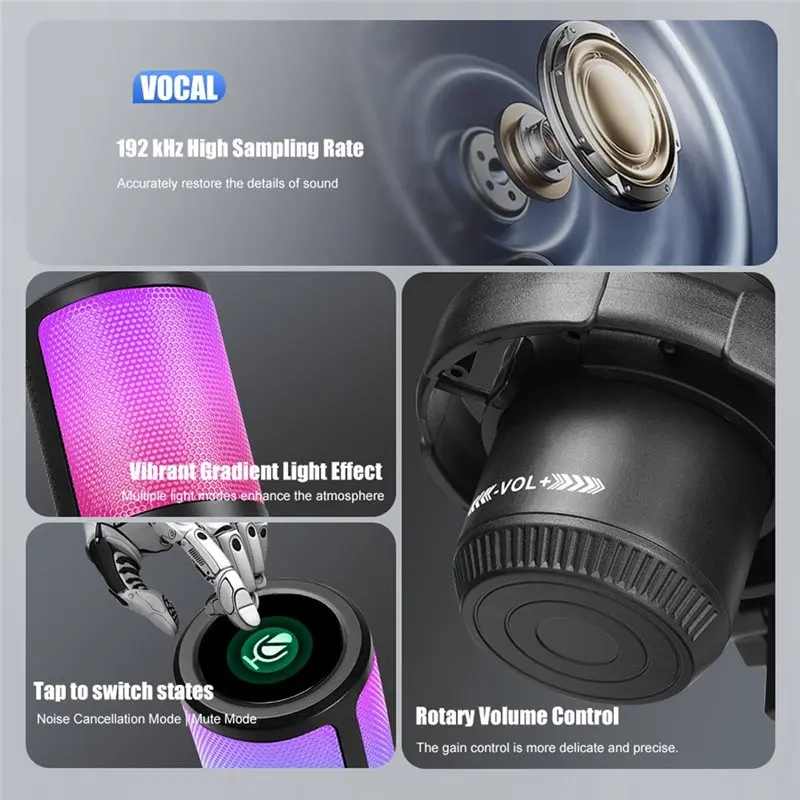 AA60 USB Gaming Microphone with Light-Touch Mute, Condenser Mic with Cantilever Bracket for PC Laptop Streaming