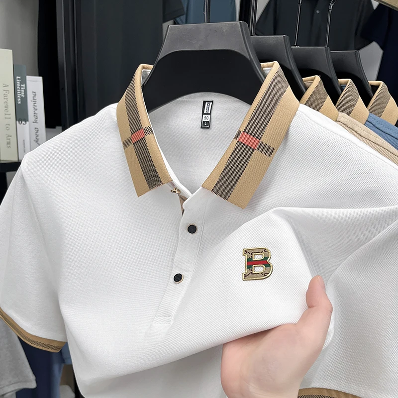 High End British Style Men Polo Shirt Classic Check Collar B Logo Embroidery Breathable Pique Cotton Short Sleeve Business Tops