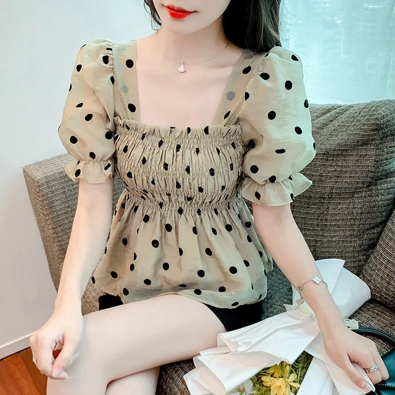 

New Women's Summer Polka Dot Chiffon Shirt Short Sleeve Square Neck Slimming Slim Fit Elegant Top