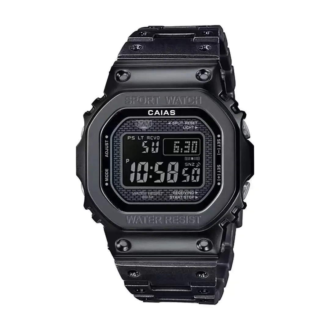 ساعة رياضية رقمية إلكترونية للجنسين كاملة الوظائف بالتوقيت العالمي وحزام فولاذي قابل للطي وإبزيم مربع LED سلسلة 5000 من خشب البلوط