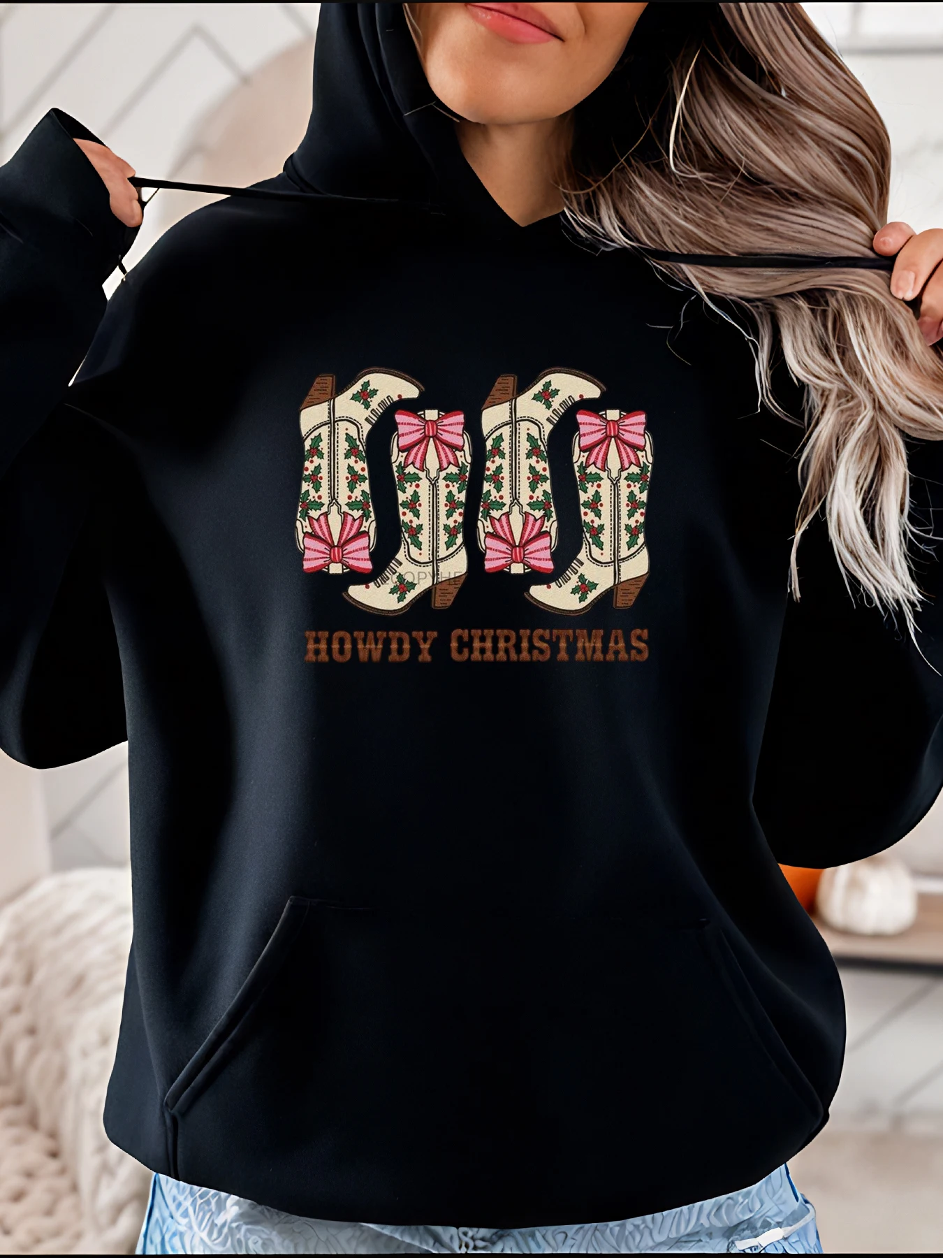 

Cowboy Boots Print Hoodie Christmas Western Style Festive Design Women's Holiday Wear