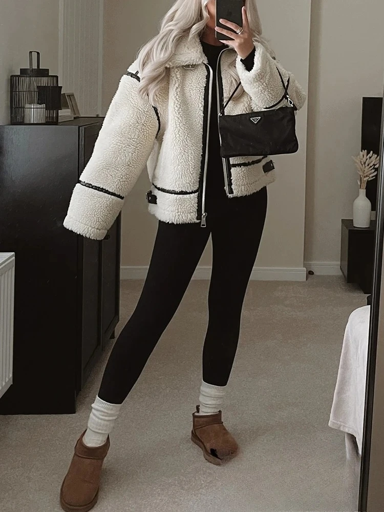 

KONDALA винтажные шикарные женские куртки из овечьей шерсти в стиле пэчворк с длинными рукавами и карманами на молнии, свободное пальто, мода 2024, осенне-зимняя верхняя одежда