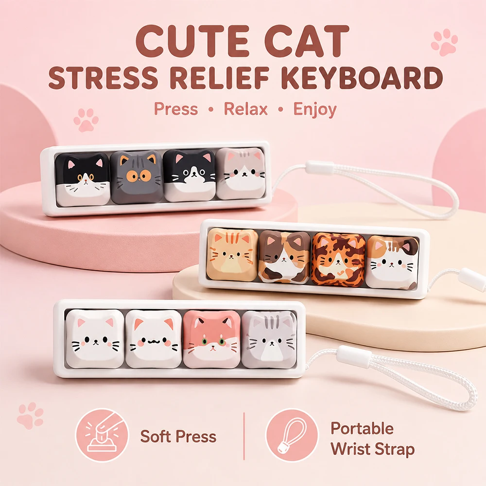 Niedliche Katzen-Fidget-Tastatur mit 4 Tasten, Kreativer Keycap-Schlüsselanhänger, Finger-Fidget-Knopf, Kawaii Mechanische Tastatur-Schlüsselanhänger, Taschenanhänger – Detail 2