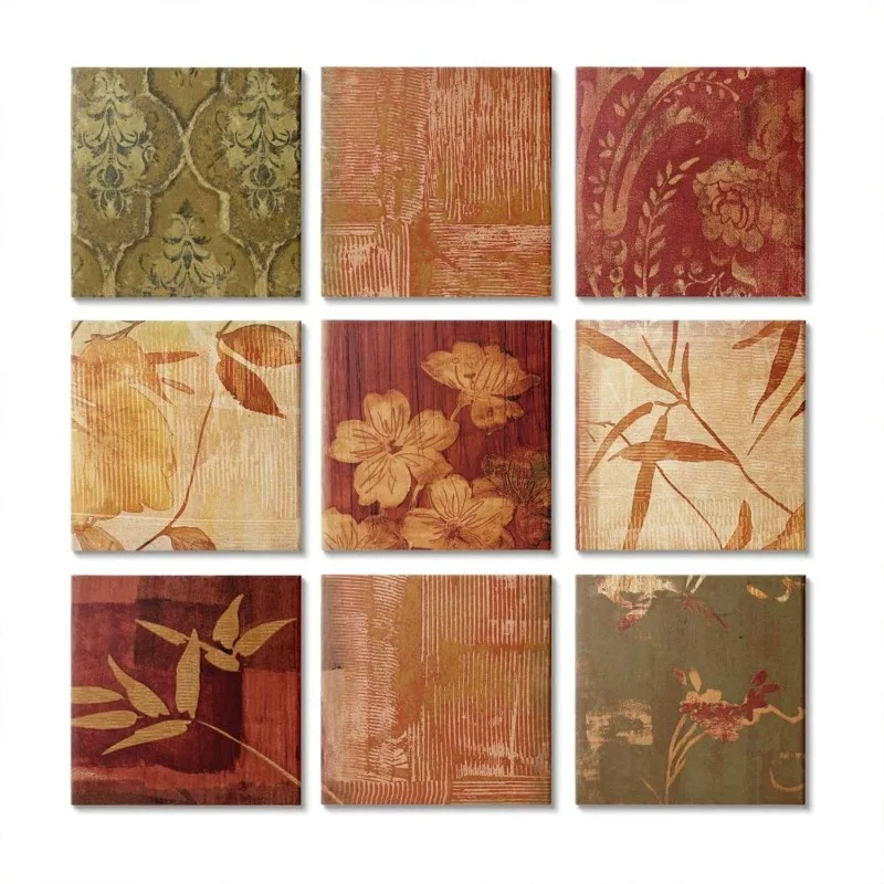 Vintage Tapestry Pattern Traditional Florals Red Yellow Canvas Chris Donovan Wall Art, 9pc, Each 12 x 12