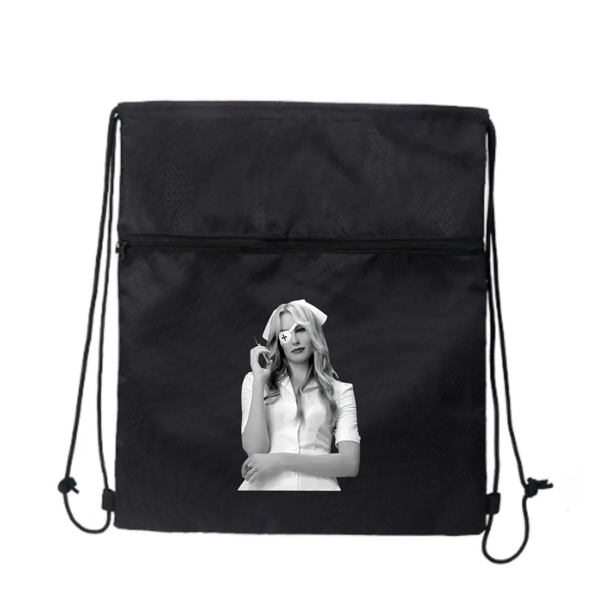 

Медсестра с повязкой на глаз. Черный повседневный рюкзак на молнии на шнурке: повседневное использование для мужчин и женщин.