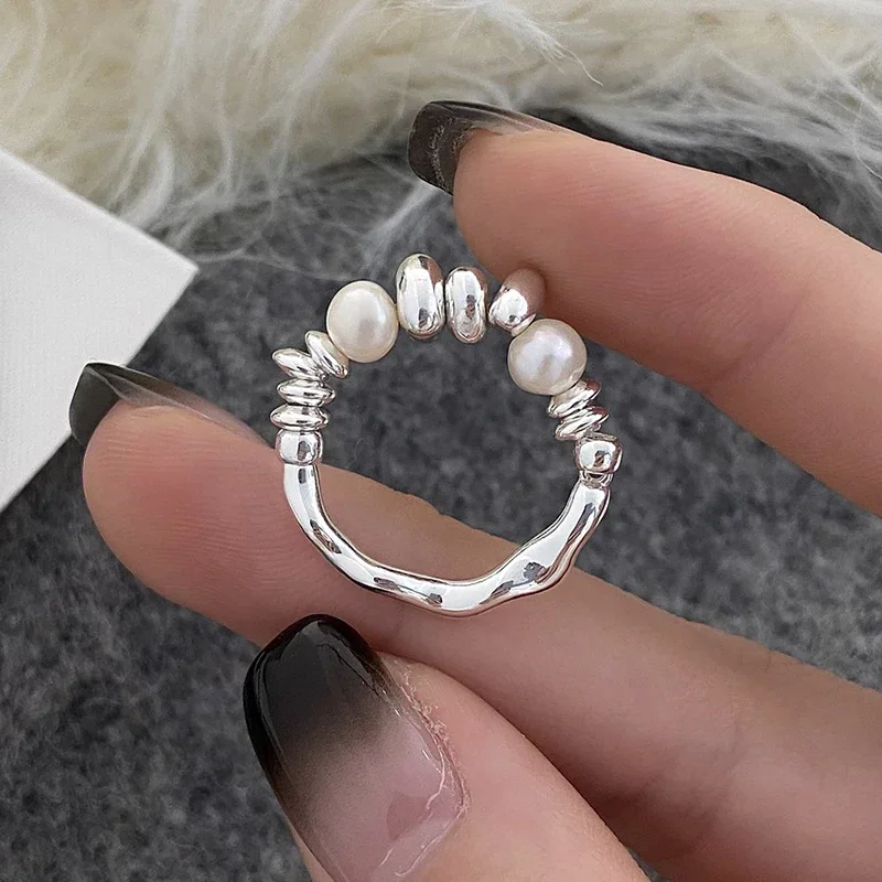 Real 925 Sterling Silver Freshwater Pearls Round Rings for Women Trendy Adjustable Fine Jewelry Minimalist Accessories