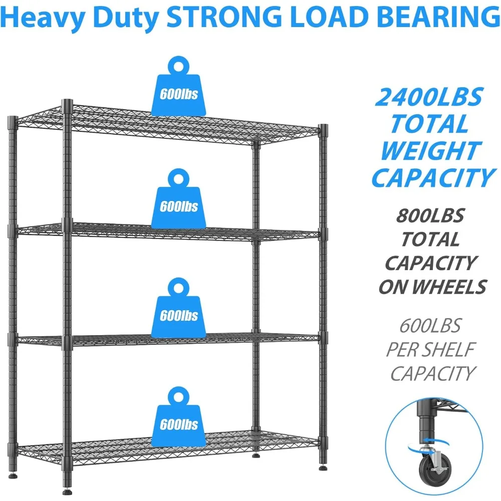 60”W Storage Shelves, 4 Tier Heavy Duty Wire Shelving Unit with Wheels,  Commercial  Metal Shelves for Storage, Garage