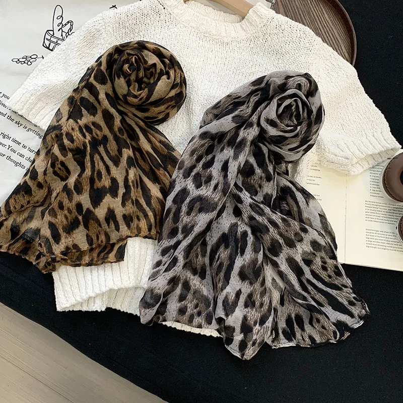 Leopard Print Long Scarf for Women Coffee Brown Vintage Y2K Thin Lightweight Neck Wrap Premium Shawl Daily Wear