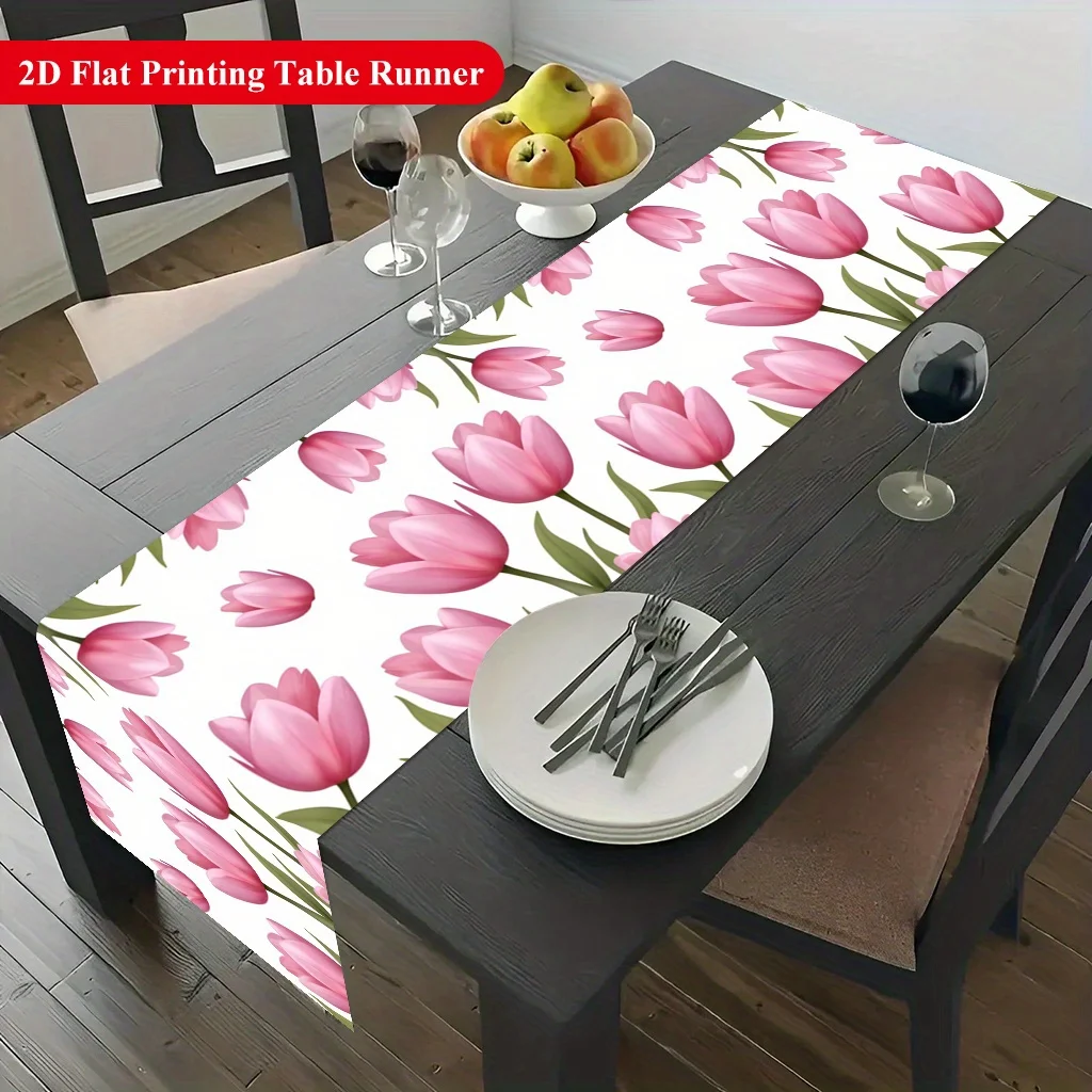 Tischläufer 1 Stück Rosa Tulpen Blumenmuster Rechteckiger Tischläufer, Polyester, für Esstisch, Couchtisch Heim-Party-Dekoration
