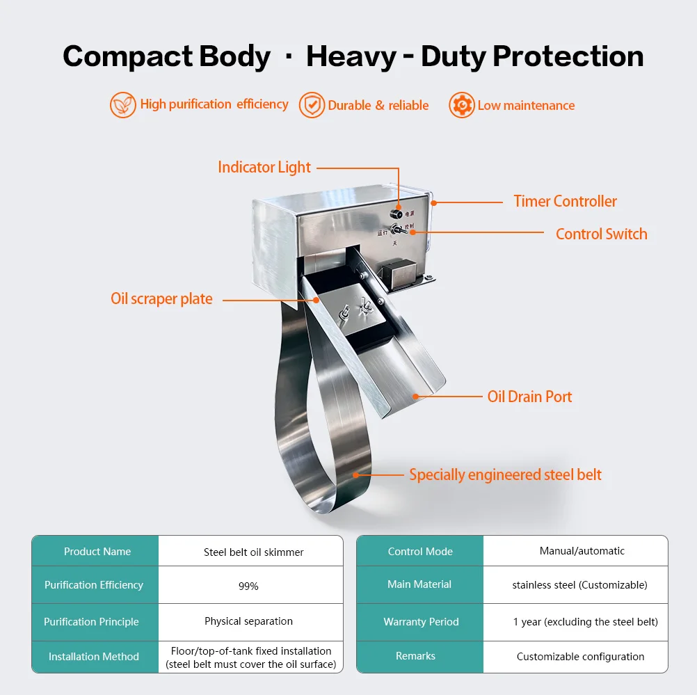 High Efficiency 98% Automatic Timer Small Steel Belt Oil Skimmer 6W Portable Single Side Oil Water Separator For CNC Machining