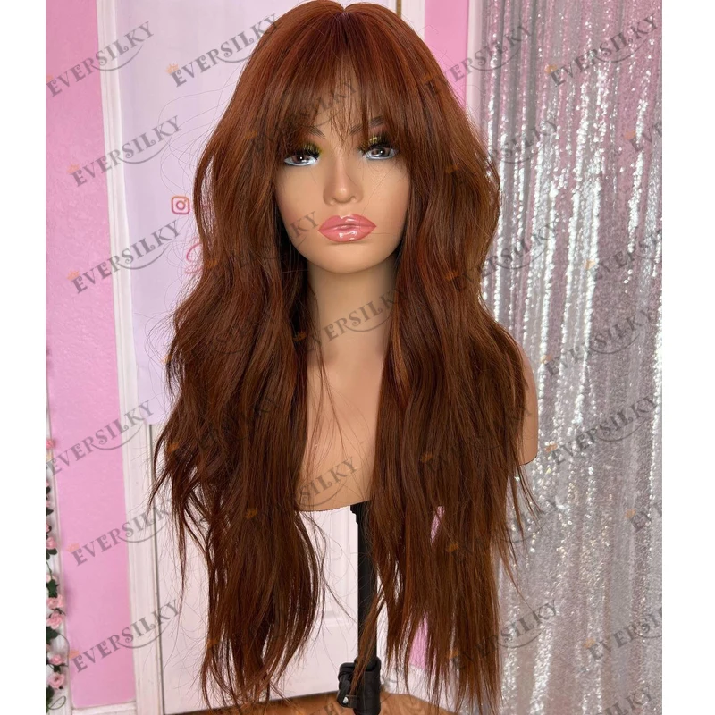 100% Remy Human Hair Copper Brown Long Wavy Soft Black Women Wigs Natural Fringe Curtain Bangs Pre Plucked 13x6 Lace Front Wigs