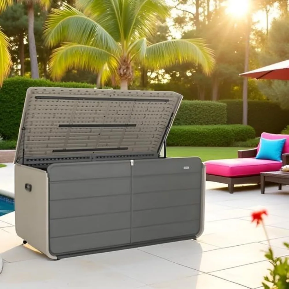 

Палубные коробки для улицы, водонепроницаемые, большие уличные палубы с водонепроницаемыми колесами, 260 галлонов, xxl, запираемый ящик для хранения, серый