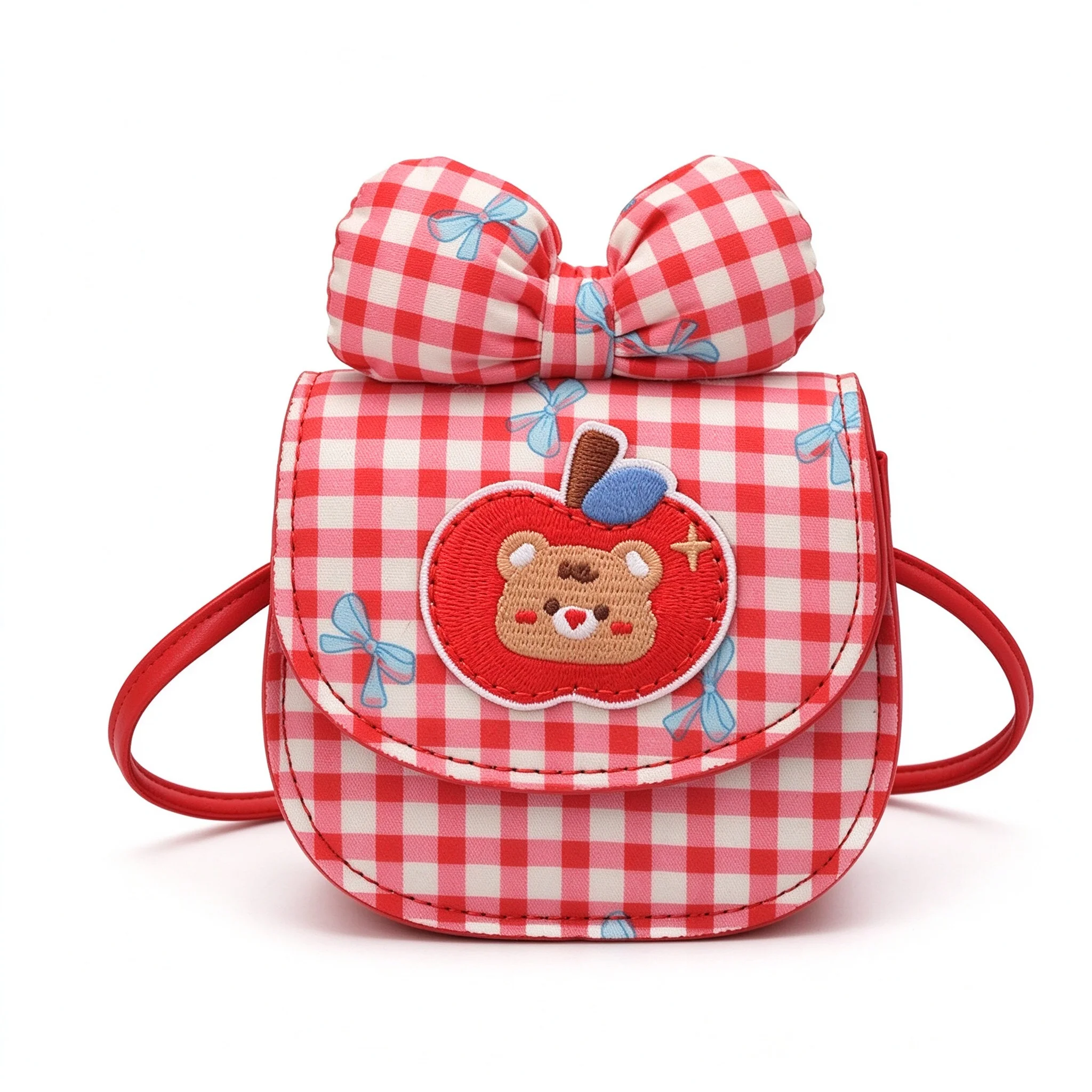 Pink Red Blue Yellow Kids Girls Tartan Plaid Shoulder Bag Cute Bow Apple Bear Mini Crossbody PU Leather Coin Purse Small Handbag