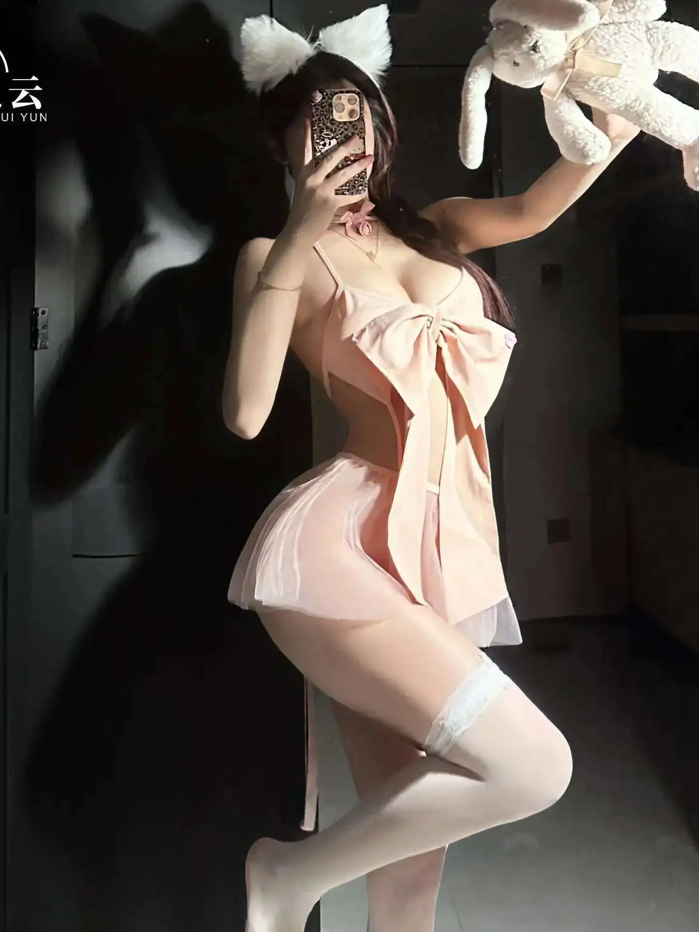 메쉬 쉬어 달콤한 접합 매력 쾌활한 패션 여성 한국어 미니 드레스 우아한 속옷 핑크 보우 순수한 욕망 유혹 1K6L