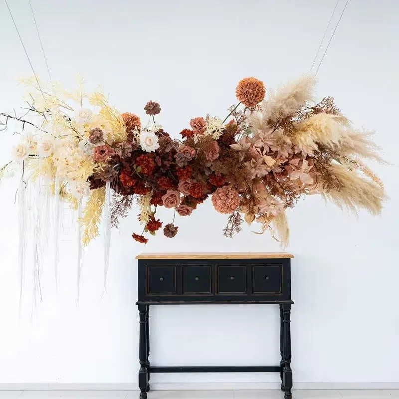 Custom Coffee Brown Autumn Artificial Flower Ceiling Decoration Warm Wedding Floral Art