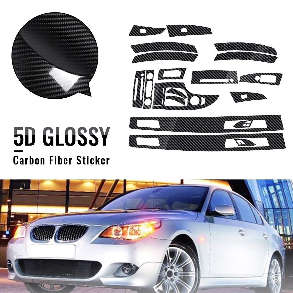 18PCS Car Interior Decorative Sticker 5D Glossy Carbon Fiber Trim Stylish Well Protective for-BMW 5 Series E60 2003-2010 RHD