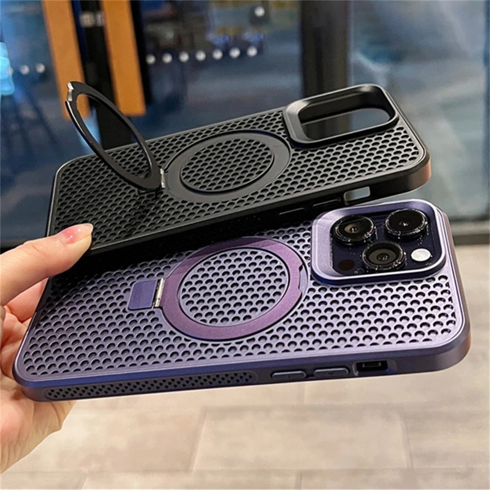 

Magnetic Metal Holder Heat Dissipation Mesh Honeycomb For Magsafe Case For iPhone 13 12 14 15 Pro Max Matte Hard Cooling Cover