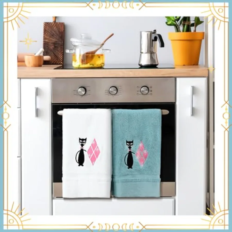 2 قطعة منتصف القرن الحديثة الأسود القط مناشف المطبخ الرجعية القط طبق المناشف القطن التطريز ماصة للمطبخ الحمام ديكورا