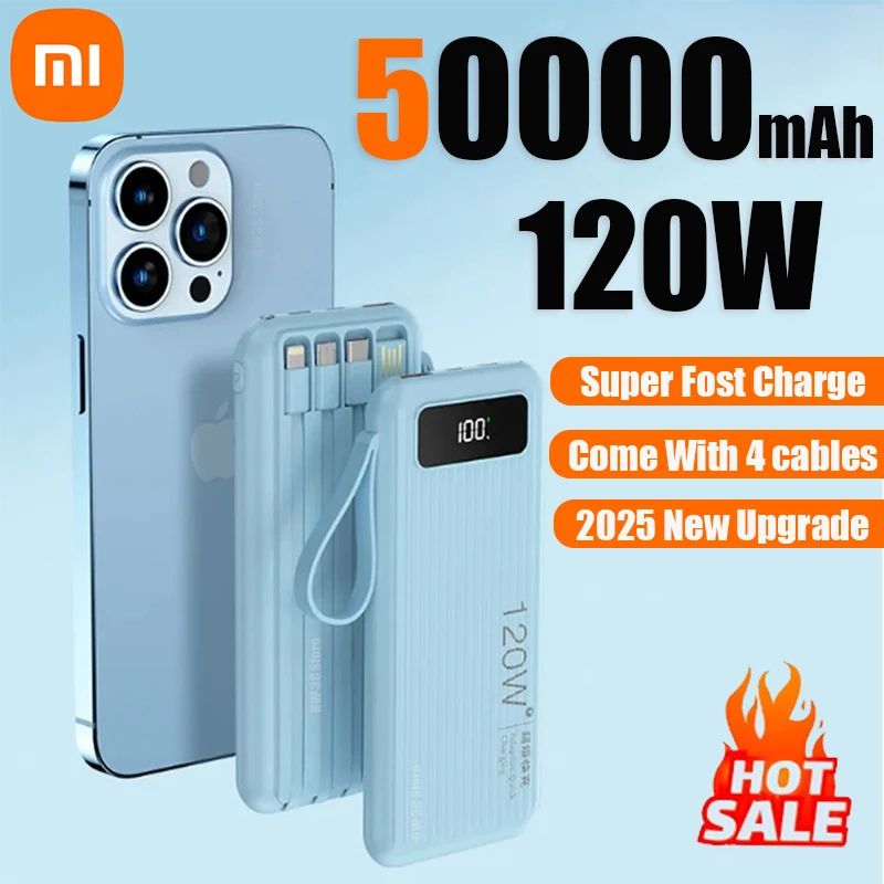 Xiaomi 50000mah Digital Power Bank 120w Super Fast Charging Large Capacity With Built-in Cable For Iphone Huawei Samsung Xiaomi