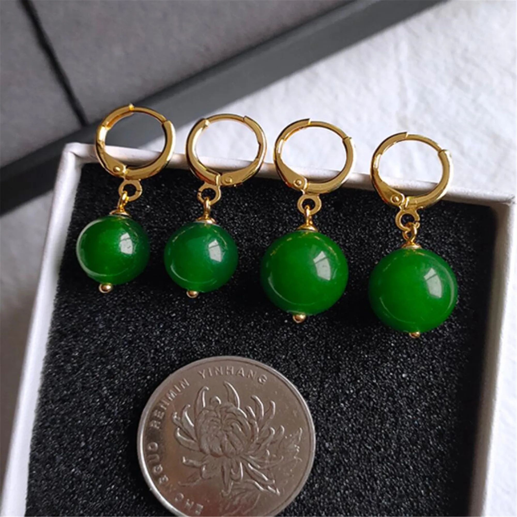 

12MM Jade Chrysoprase Gemstone DIY Earrings 18K Ear hook Women Drop Earbob Teens Wedding Bridal Dangling