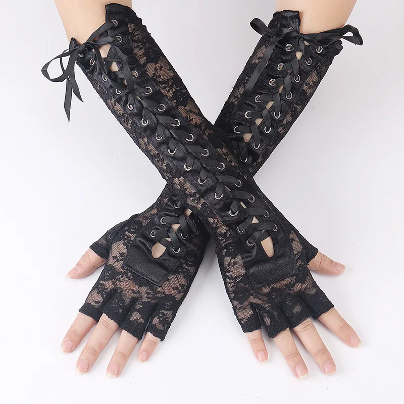 

Halloween Costume Party Long Hollow Patchwork Satin Buckle Strap Half Finger Gloves Cosplay Black Rivet Punk Hip Hop Sexy Lace