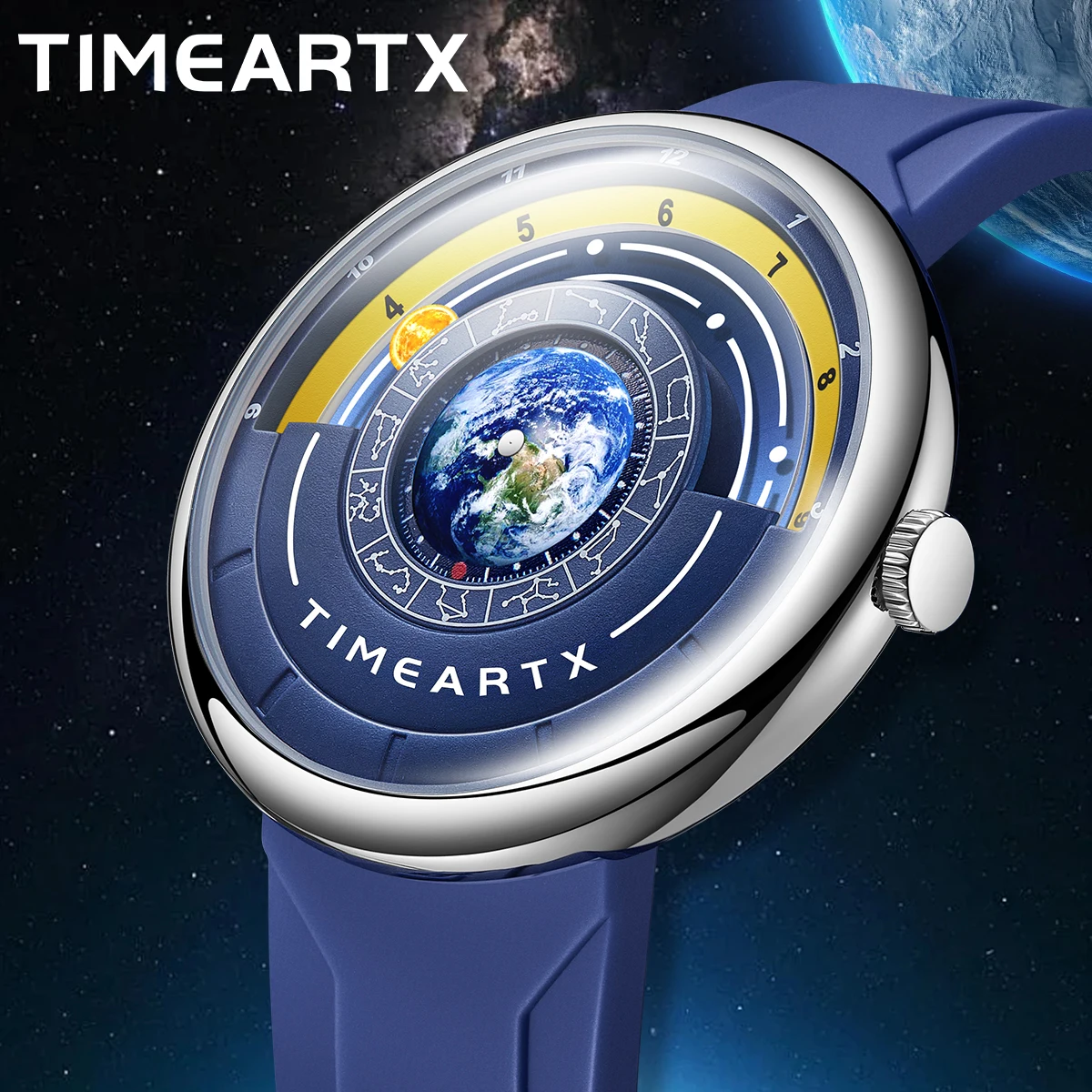 TIMEARTX Fashion Earth Dial Watch For Men Sports Silicone Strap Special Dial Moon Quartz Wristwatch Men Watches