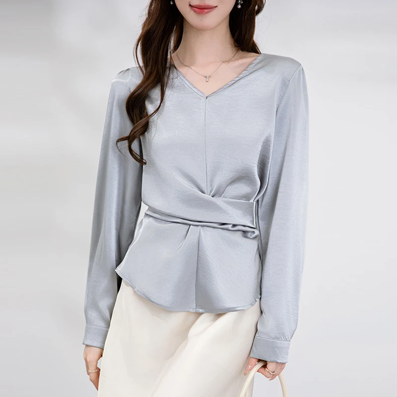 

Женская атласная блузка с длинным рукавом, французская мода, рубашки с бантом на шнурке, офисная женская одежда, элегантные корейские женские офисные топы