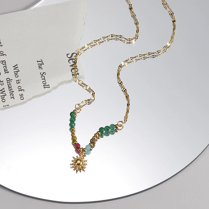 Bohemia Colorful Natural Stone Beaded Necklaces Vintage Sun Eye Stainless Steel Women Necklaces Summer Jewelry