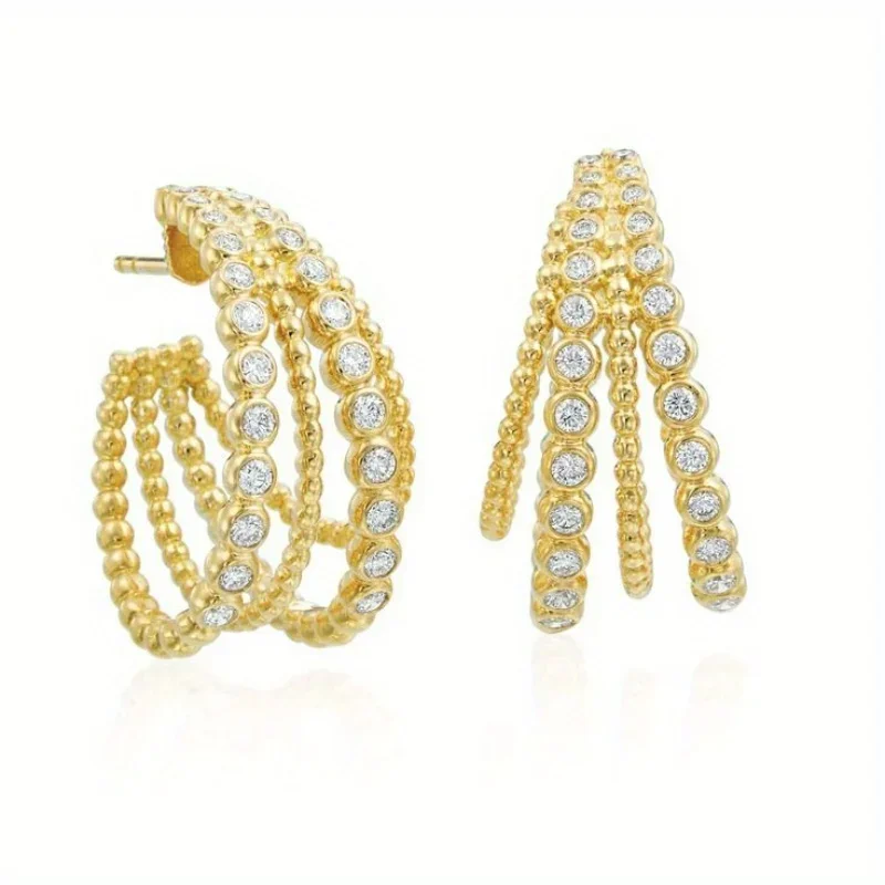 Elegant Gold Color Inlaid Cubic Zircon Hoop Earrings Geometry C Shape Daily Wear Party Earrings Woman Fashion Jewelry