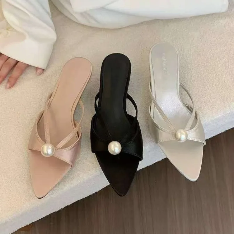 

2025 New Summer Open Toe Women Slippers Sexy Pointed Toe Slides Sandals Elegant Pearls Decoration Thin High Heels for Women