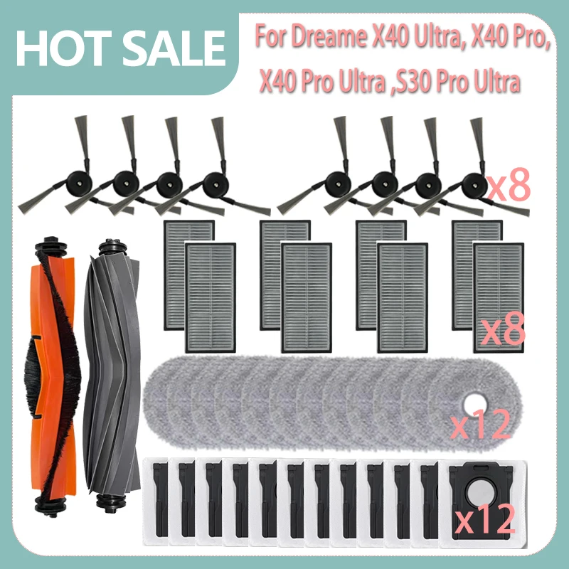 

For Dreame X40 Ultra, X40 Pro, S30 Pro Ultra Parts Accessories Main Side Brush Hepa Filter Mop Cloth Dust Bag Replacement