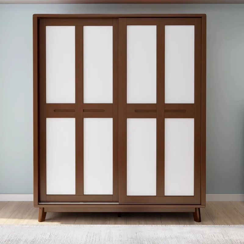 

Solid wood rattan sliding door small household bedroom hanging clothes storage cabinet