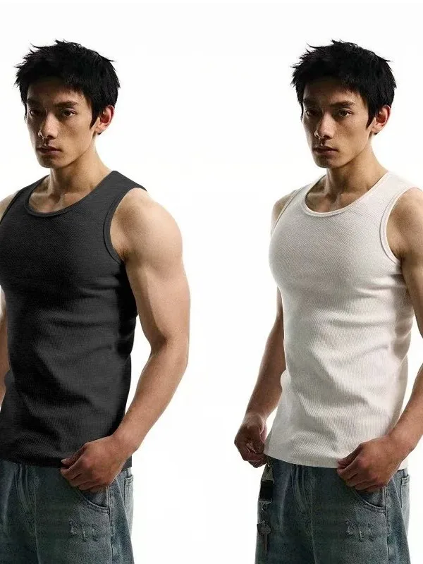 Black Ribbed Sleeveless Sports Training Fitness Men's Vest Show Muscle Tension Sweatshirt Casual round Neck Micro Elastic