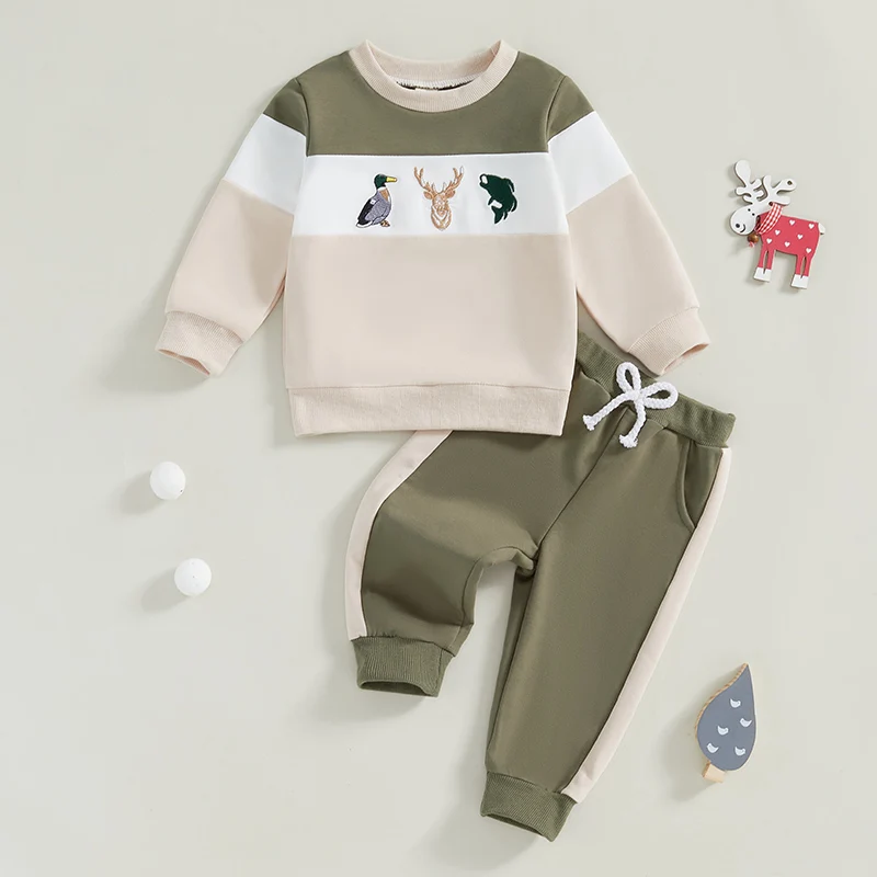 Cute Boy Christmas Sets Reindeer Embroidery Long Sleeve Sweatshirt Pocket Long Pants Contrast Color Outfits Boys Clothes