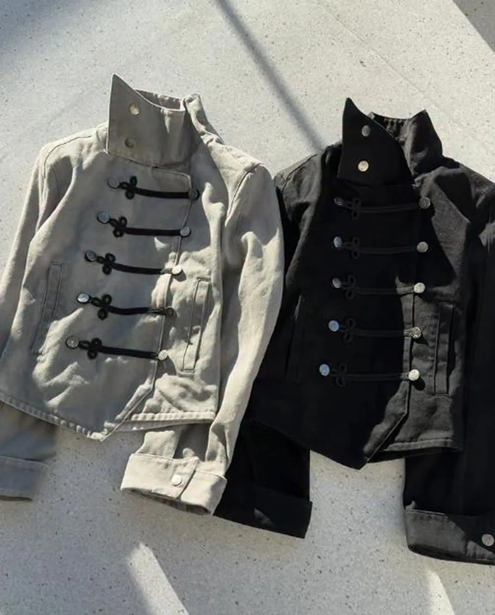 Vintage Y2K Ladies Cropped Denim Jacket Stand Collar Frog Button Decoration Coat Retro Long Sleeve Casual Women Outerwear