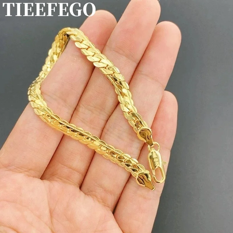 

TIEEFEGO 925 Sterling Silver18k Gold Bracelet 6mm 20cm Flat Side Chain Lobster Clasp For Woman Man Wedding Engagement Jewelry