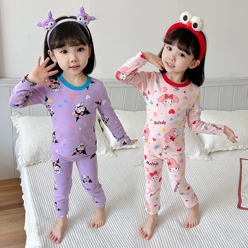 Sanrios Delong Base Suit Lounge Clothes Child Kuromi Autumn Clothes Long Johns Cartoon Anime Keep Warm Pajamas Two Piece Set