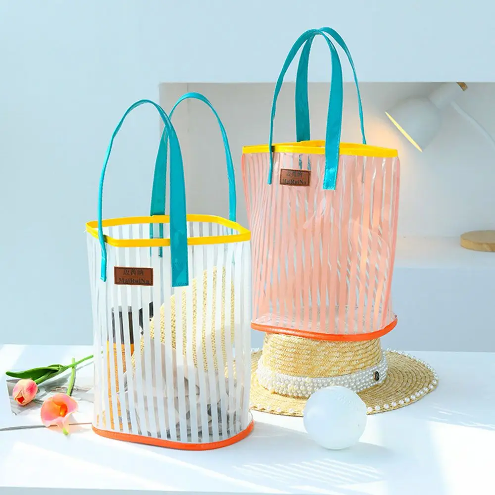 

Portable Fashion Large Capacity Makeup Pouch Tote Bag PVC Female Travel Storage Bag Beach Bag Shopping Bag Striped Handbag