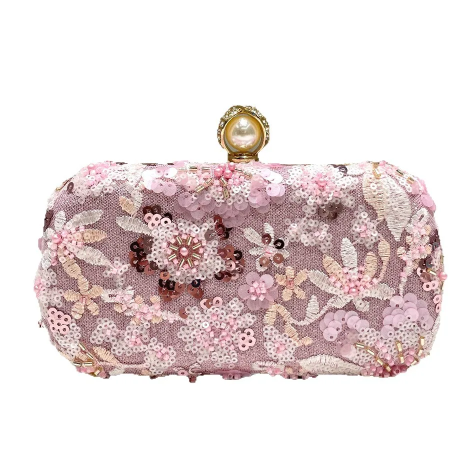 Pink glitter sequined embroidered beaded decorative clutch bag, women's fashion temperament elegant dress dinner bag