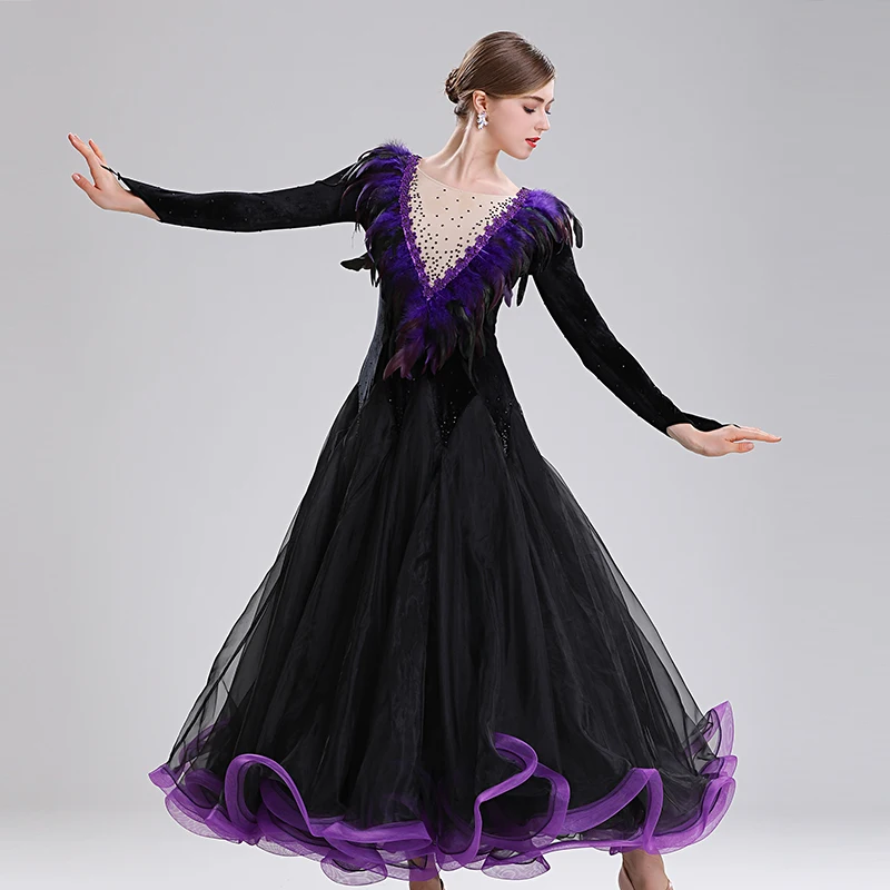Customized Modern Dance Performance Costume Long Sleeved Feather Collar Big Swing Ballroom Dance Dress Adult Female