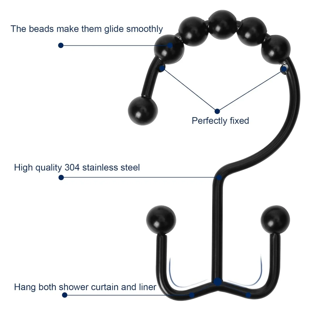 Shower curtain hook, sturdy stainless steel double-sided shower hook, bathroom ring, shower curtain rod, matte black，4-piece set view 3