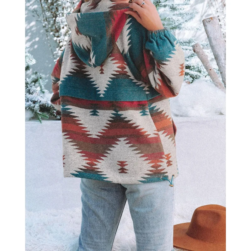 Women's Loose-Fitting Hoodie with Zipper, Long Sleeves, and Aztec Print, Loose-Fit Sweatshirt.