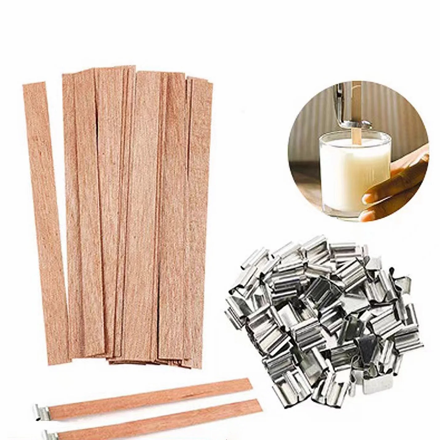 30pcs Wooden Candle Wicks Candle Making Set Wicks with Clip Base Naturally Smokeless Wood Core for DIY Candle Jar Making Tools