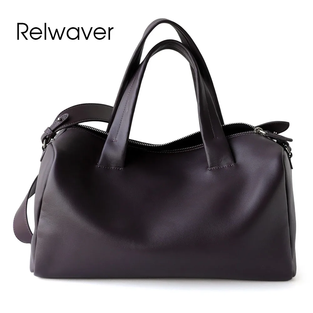 

Relwaver Boston bag genuine leather handbag fashion purple black pillow bag commuting ladies shoulder bag big cross body bag
