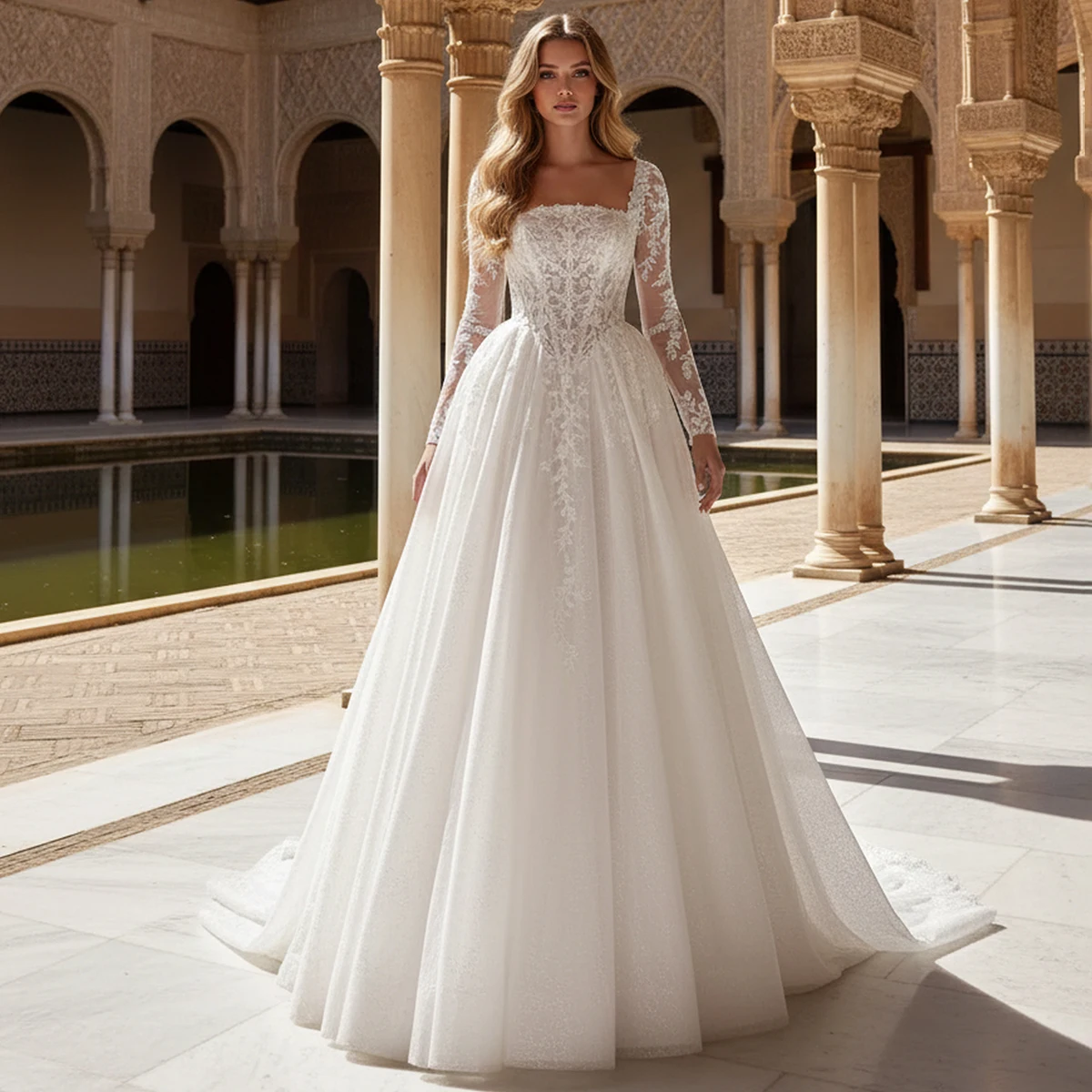 

Luxury Lace Appliques Wedding Dress Long Sleeve Bridal Gown For Bride A Line Tulle Puffy Ball Gown For Women Vestidos Novia