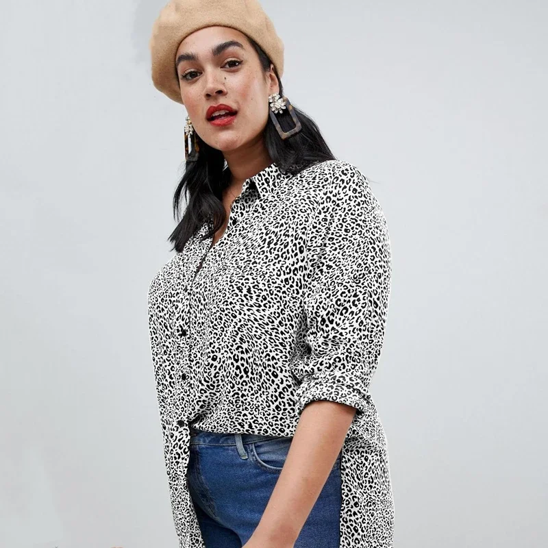 Camisa de manga comprida com estampa leopardo feminina, blusa solta, camisa casual, preto e branco, tamanho grande, primavera, outono, plus size, 6XL, 7XL